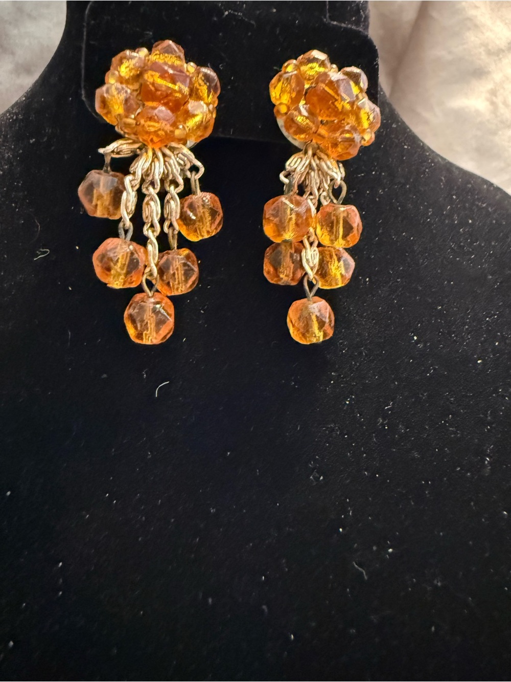 Western Germany marked VINTAGE Amber colored cluster clip-on dangle earrings